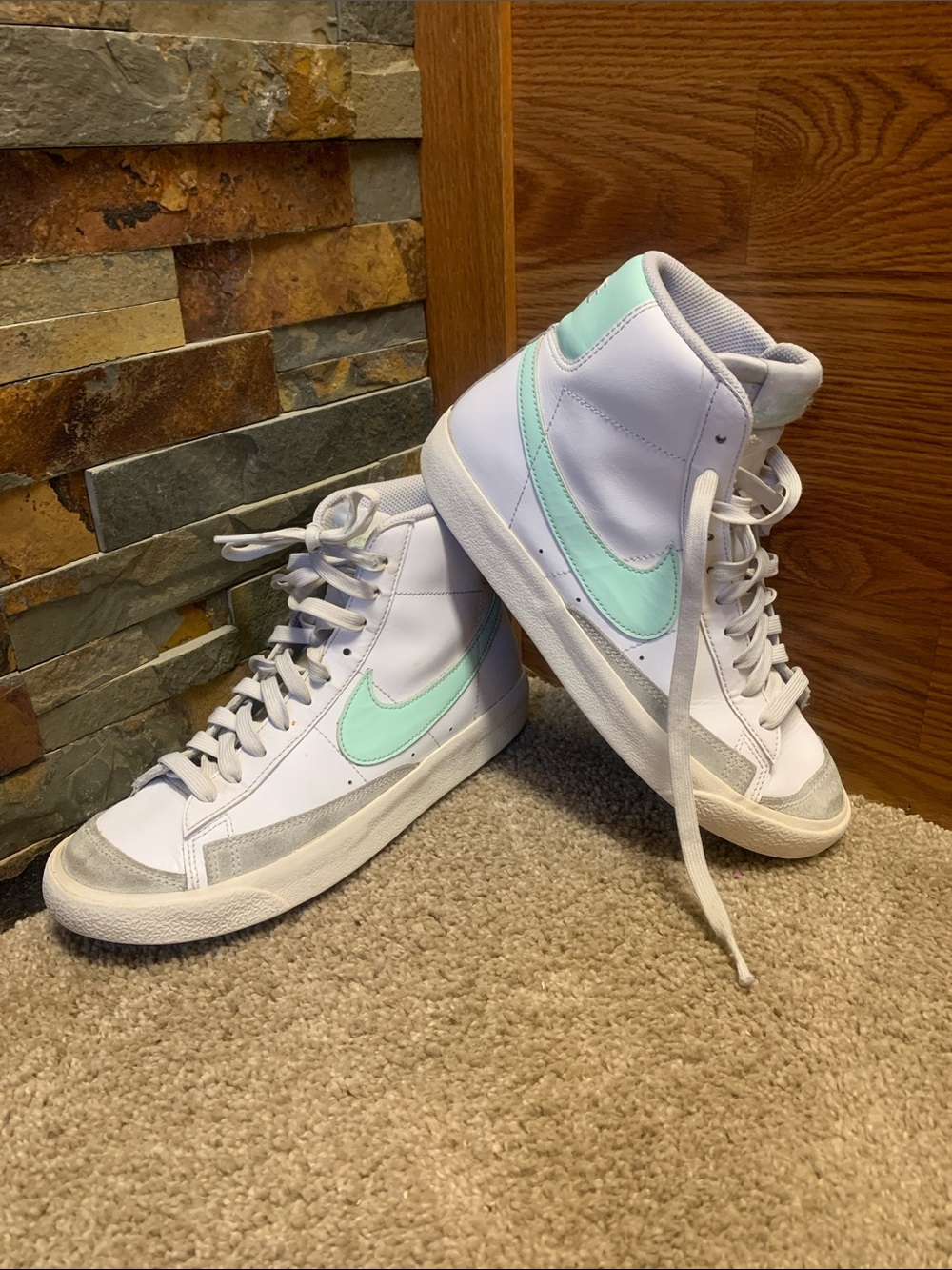 Nike Women’s Blazer Mid High-Top Sneakers — White with Mint Swoosh (y6/ w 7.5)